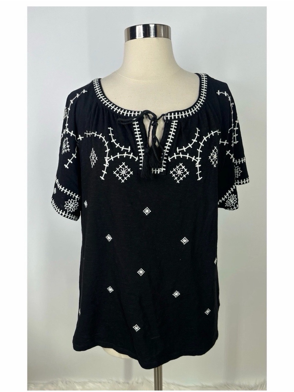 Talbots Embroidered Tie-Neck Boho Top - Black